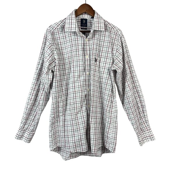 U.S. Polo Assn. Men’s Size 16 -16.5 34/35 Button Down Shirt White Burgundy Plaid - Picture 3 of 9